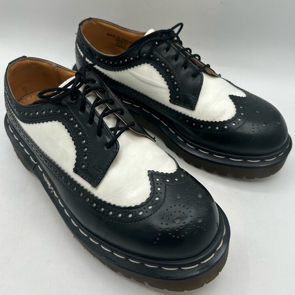 Dr. Martens Made in England Rare VTG Black White Brogue Oxford Wingtip 8 Chunky - Picture 12 of 16